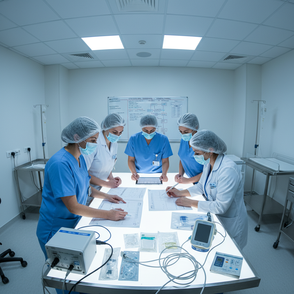 Medical researcher reviewing clinical documents under cool laboratory lighting, dark blue-green tones, sterile environment