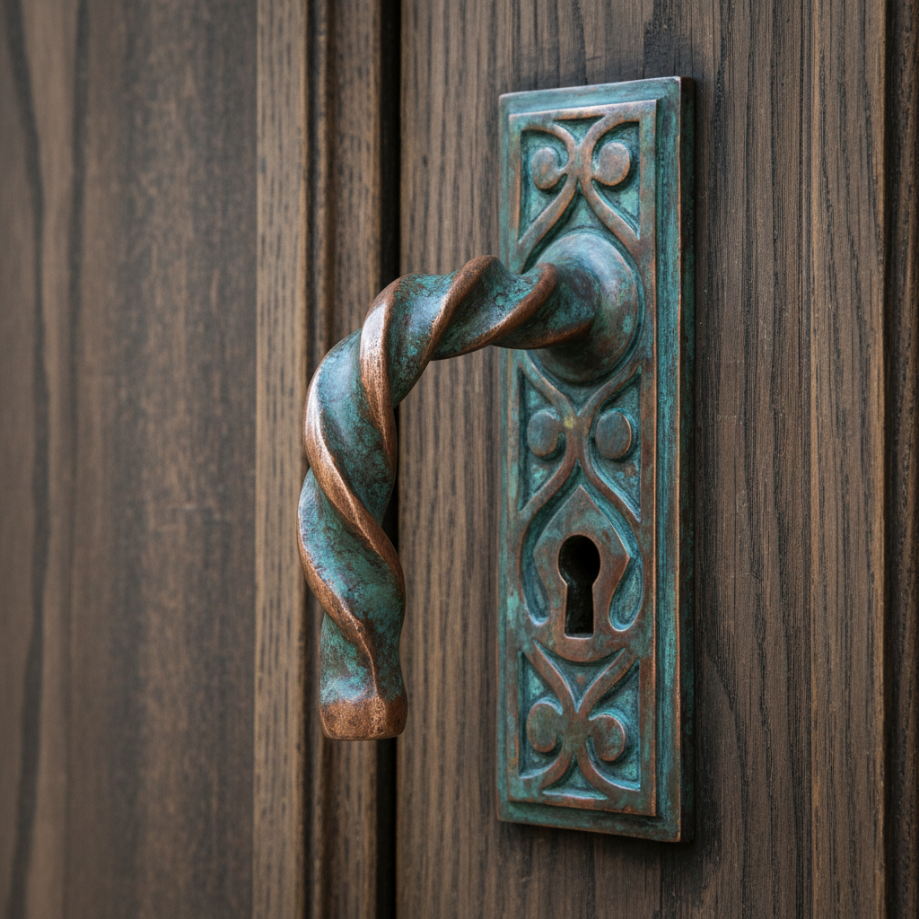 Detailed view of premium bespoke wooden door frame with hand-carved motifs and dark bronze hardware