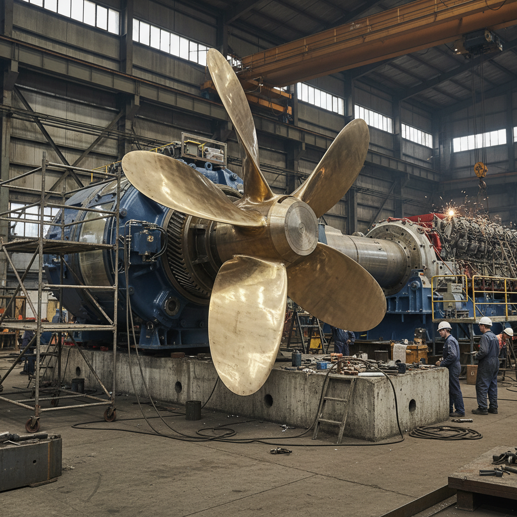 Marine propulsion system with large propeller and shaft assembly in industrial setting