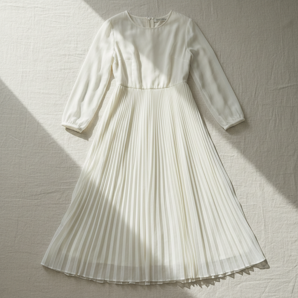Ivory silk midi dress styled with accessories, editorial fashion photography, airy atmosphere