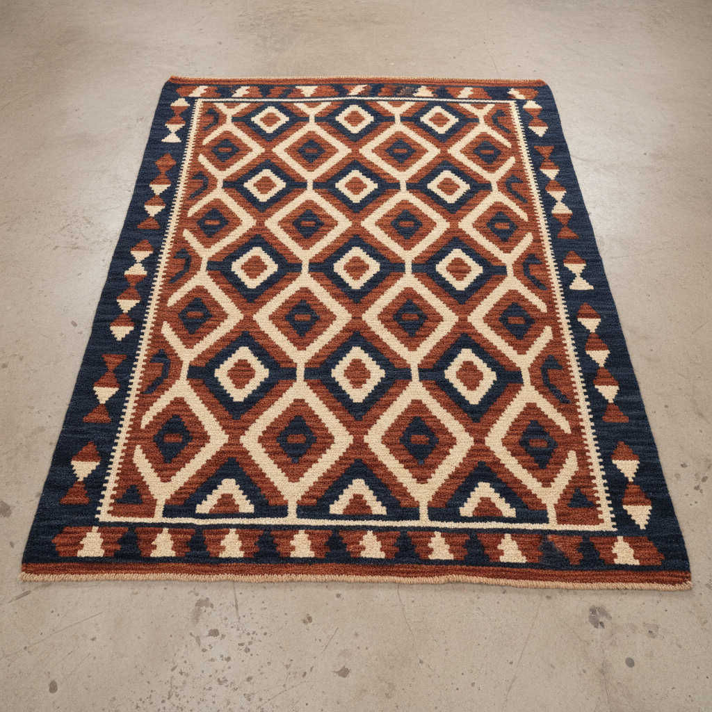 Kilim flat-woven rug with bold geometric diamond pattern in terracotta, indigo and ivory, natural light