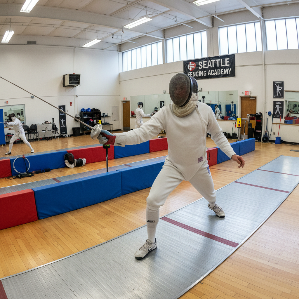 Kenji Watanabe, épée fencer, in training gear at Seattle salle