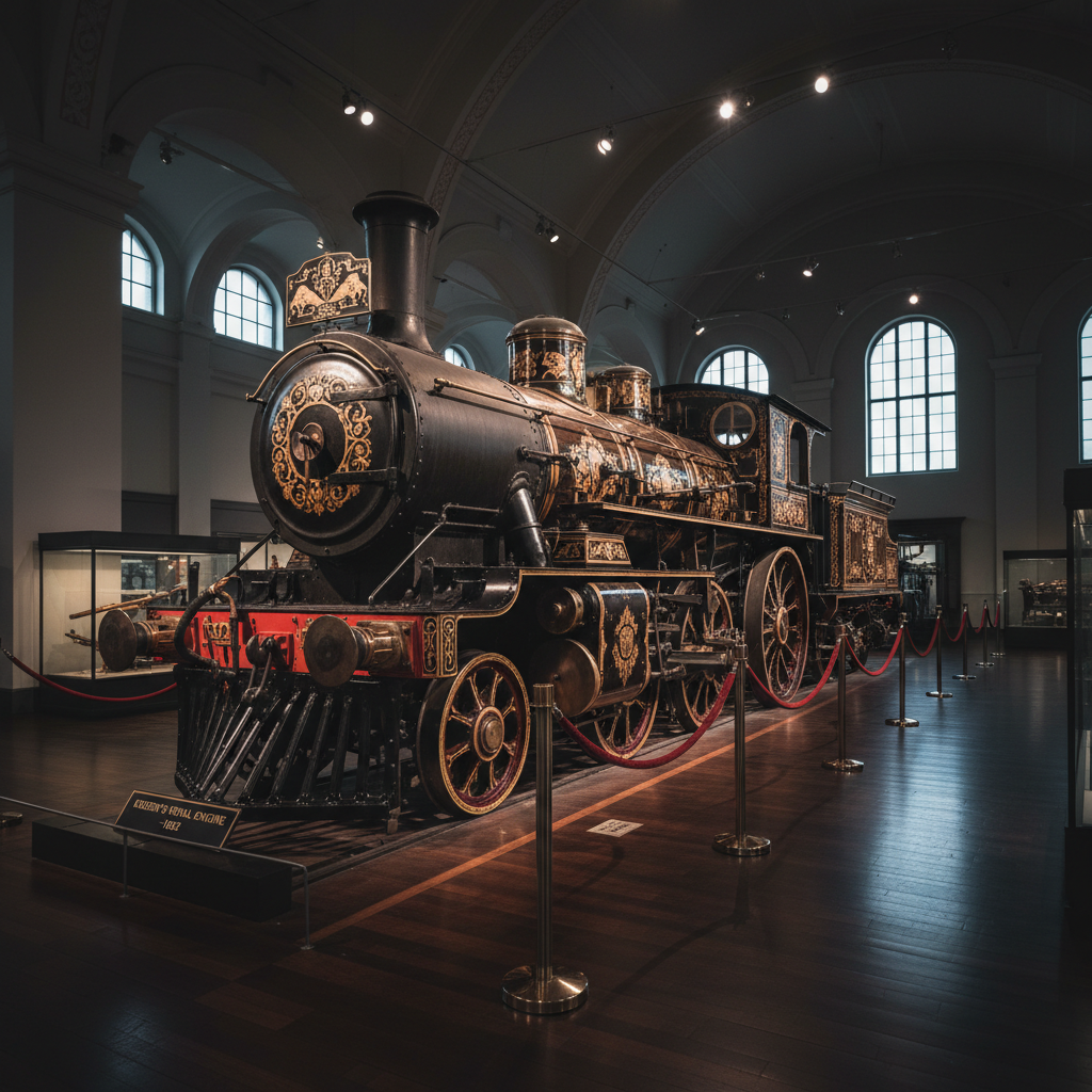Khedive's Royal Engine preserved in museum, ornate Victorian craftsmanship, brass arabesques, dim museum lighting, dramatic shadows