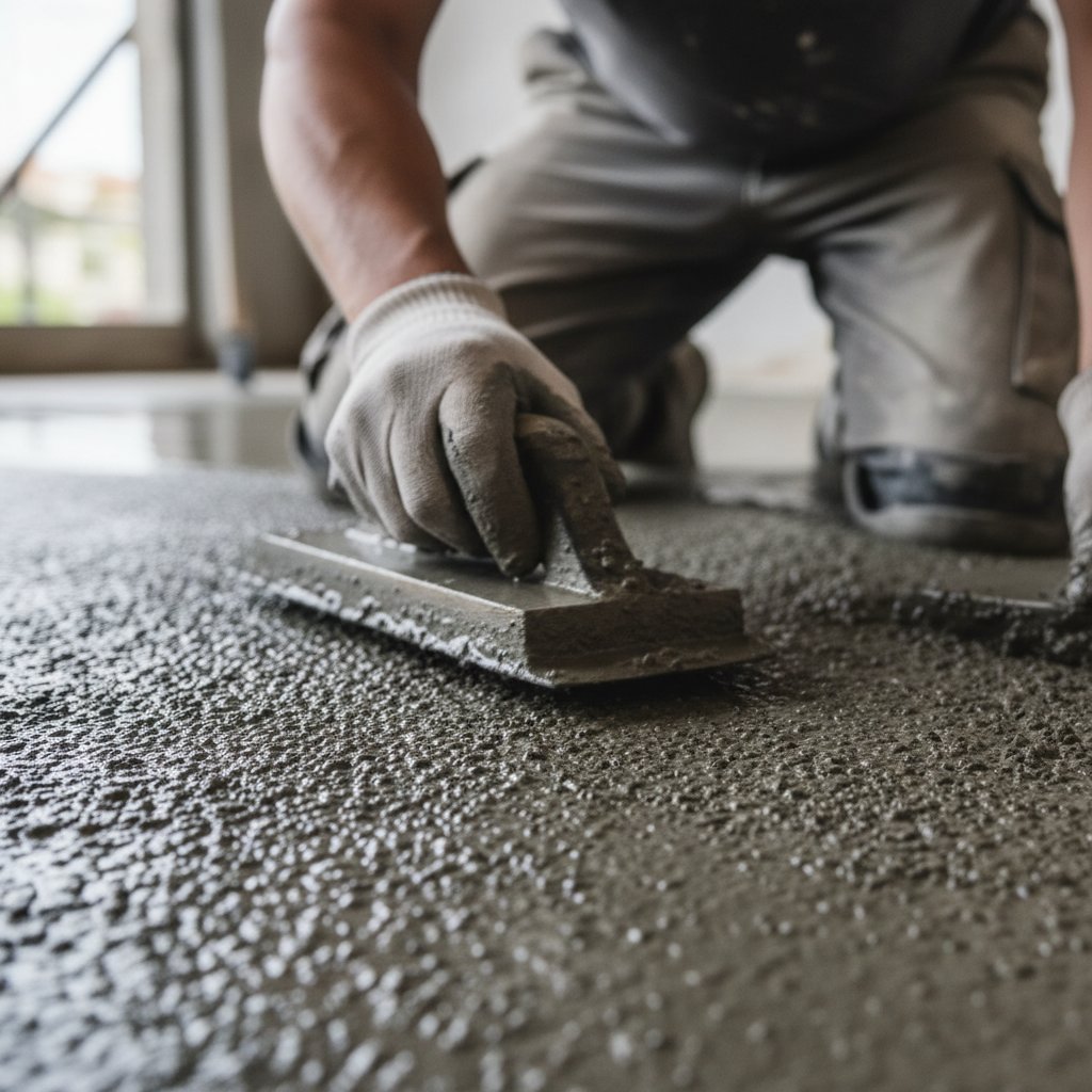 Concrete finisher on knees smoothing wet concrete with a hand trowel, close detail shot