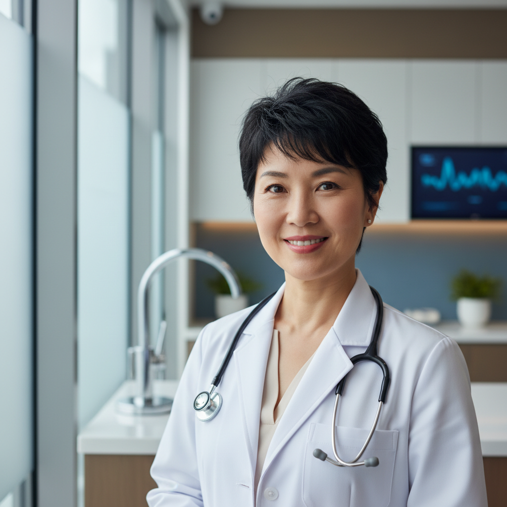 Professional Asian woman in white medical coat with stethoscope standing in modern hospital corridor with digital health displays