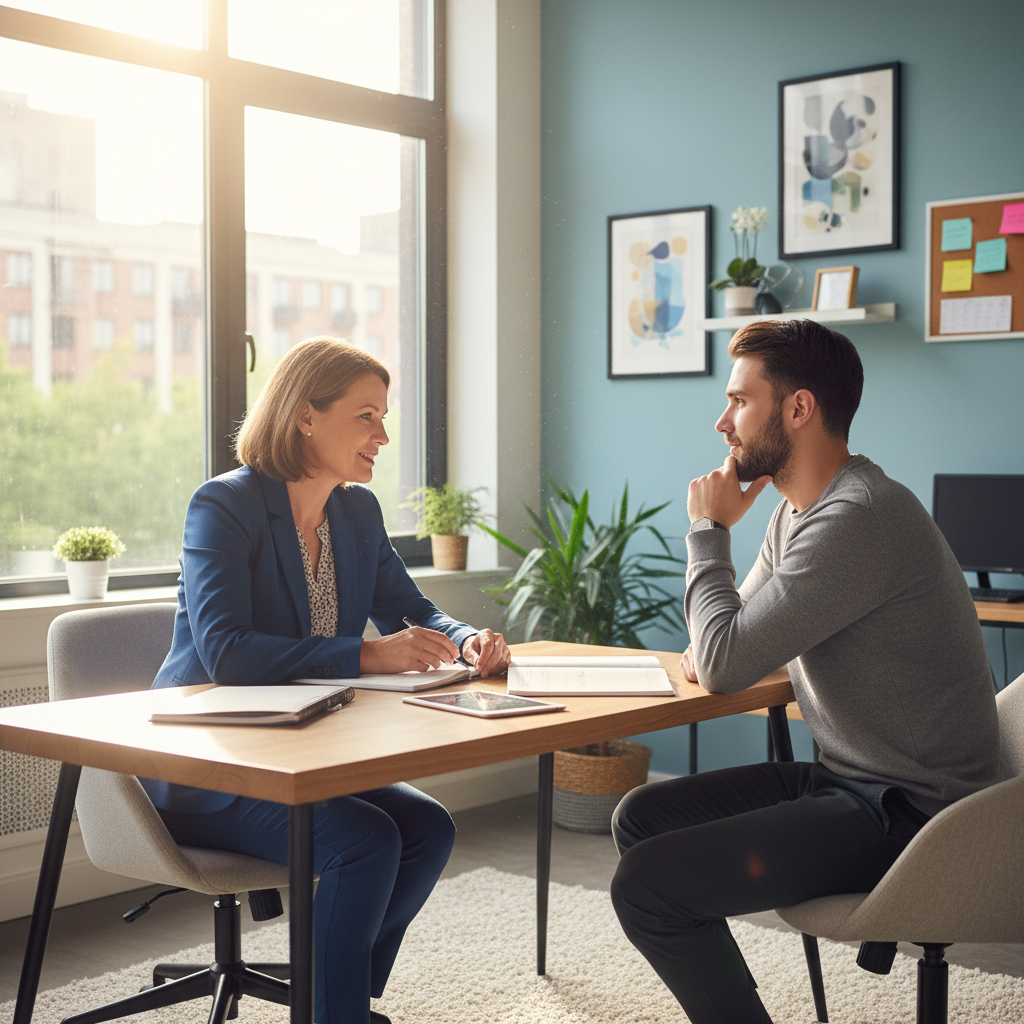Professional career counsellor speaking with a student in a bright office