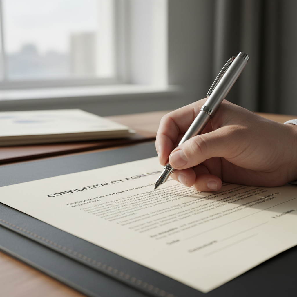 Business contract and pen on dark wooden desk, professional negotiation setting, moody lighting
