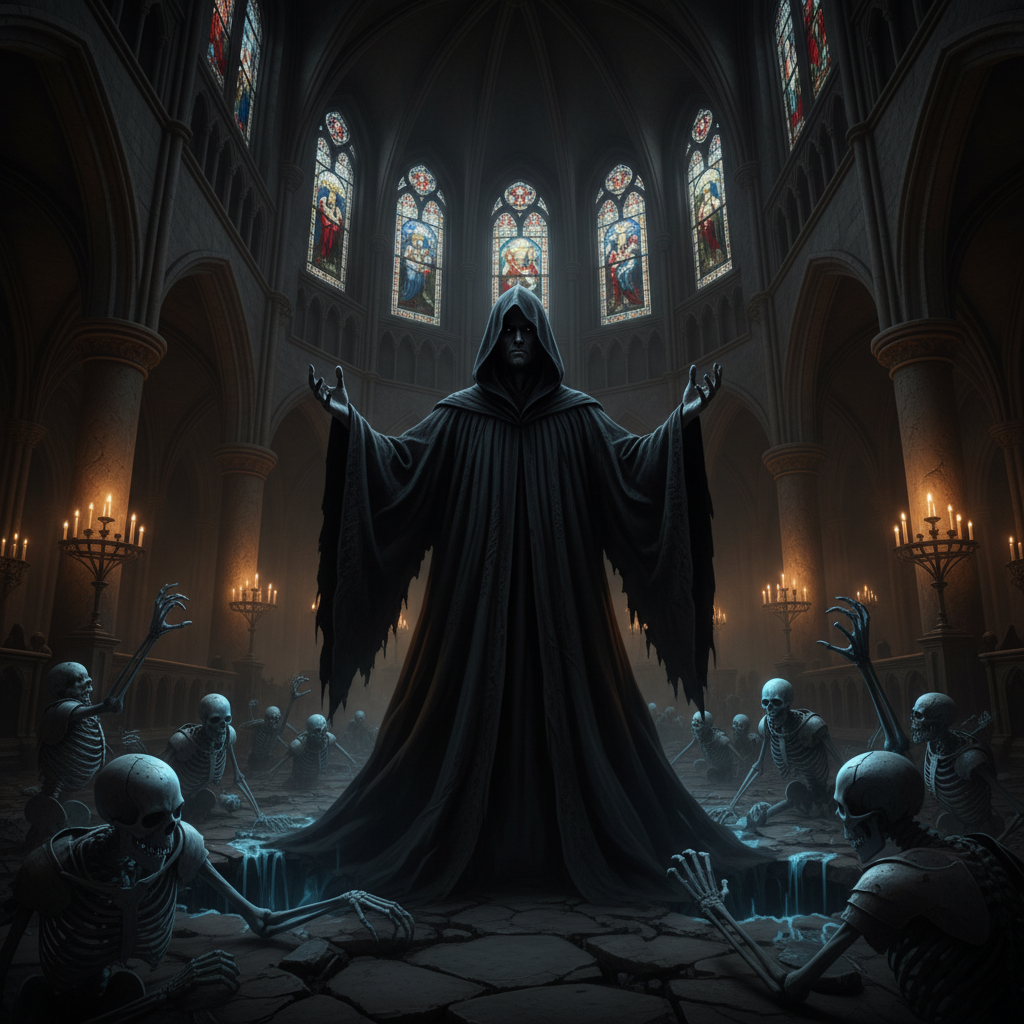 Dark Necromancer - Karakter necromancer dengan jubah hitam gelap dan skull staff yang memancarkan aura supernatural dalam atmosfer horror gothic