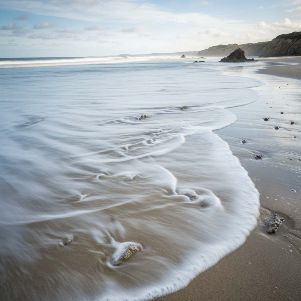 Ocean waves and tidal patterns in time-lapse — water motion blurred smooth