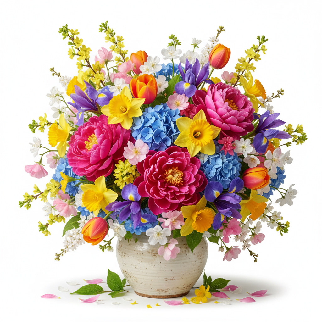 Fresh spring flowers in soft pink and lavender tones with wild greenery
