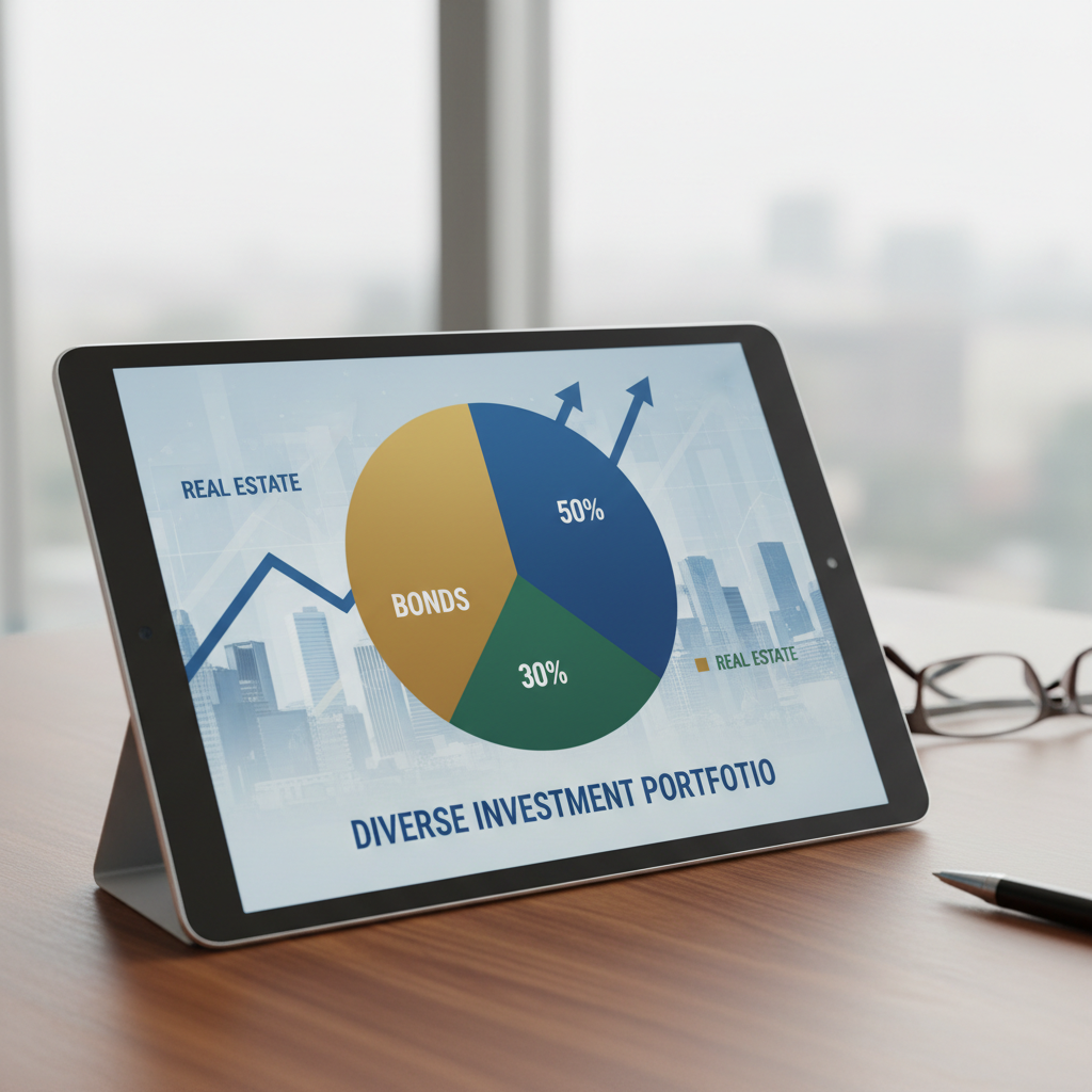 Diversified investment allocation pie chart and global market data visualization