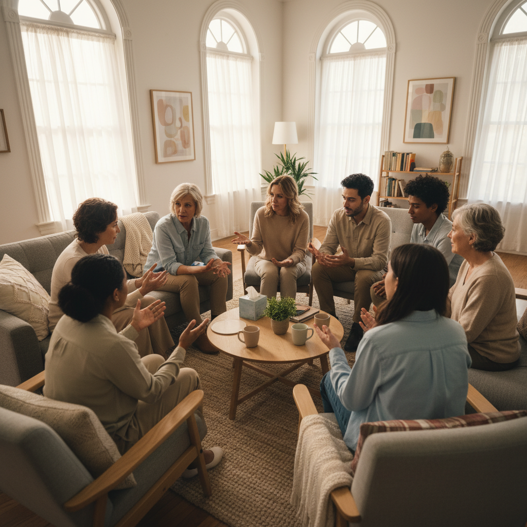 Circle of people sitting together in supportive group therapy session with warm lighting