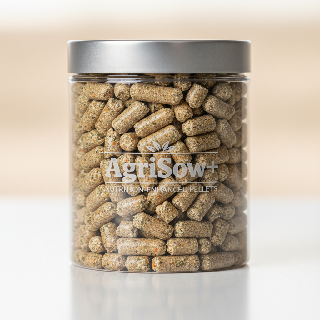 Grower chicken feed pellets in storage container for poultry farm