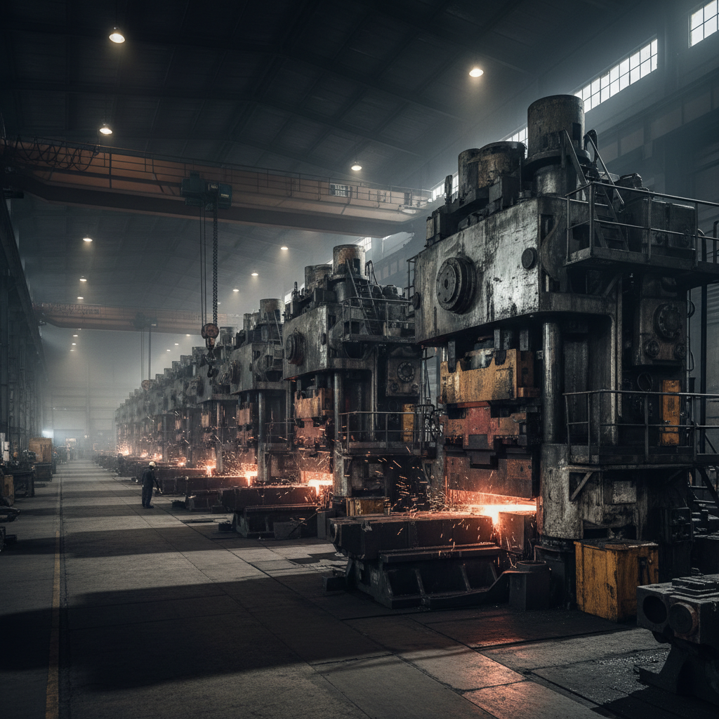 Industrial machinery production line, heavy equipment assembly, dark factory environment, dramatic lighting from overhead