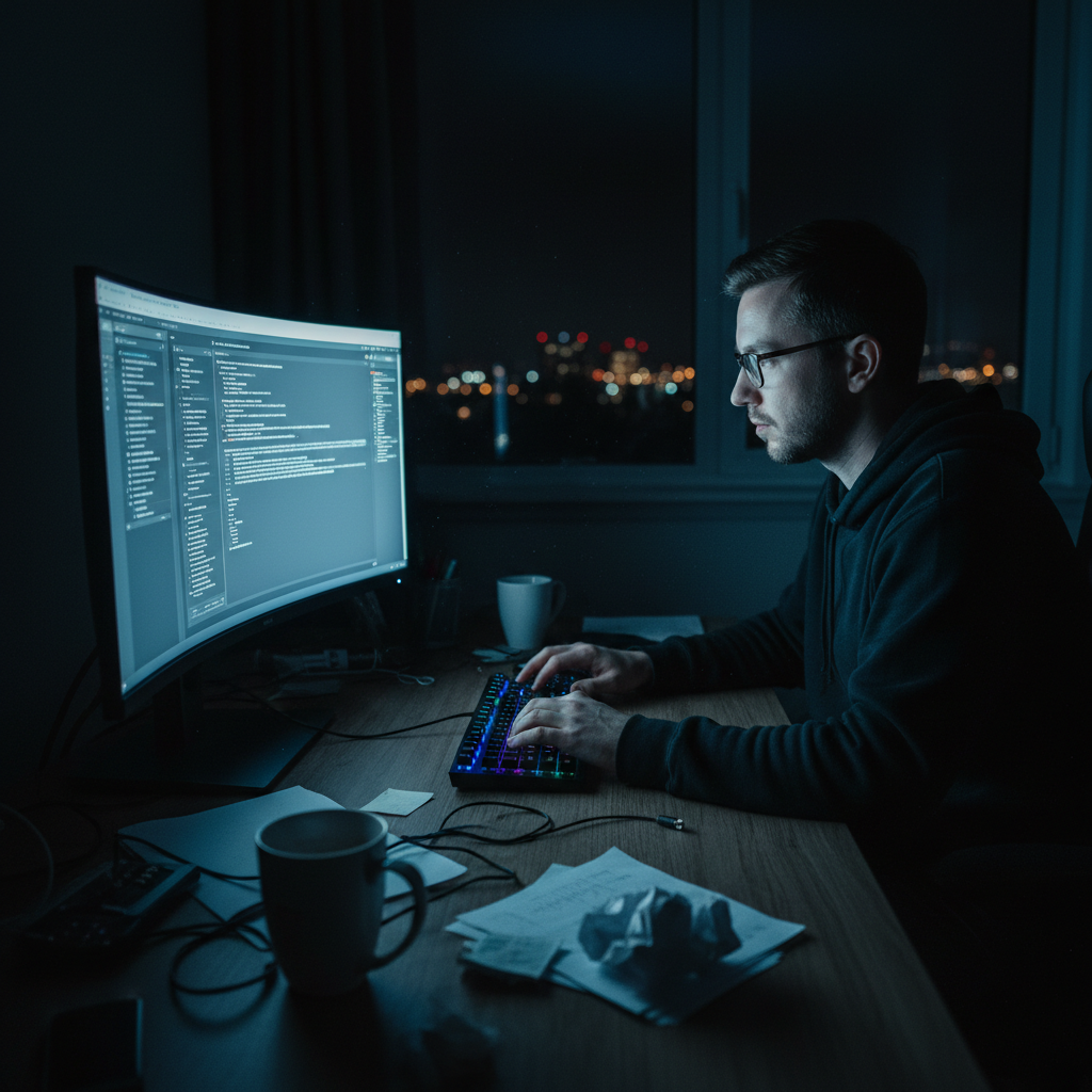 Developer working at a dark-lit computer workstation with multiple monitors showing code, atmospheric blue glow