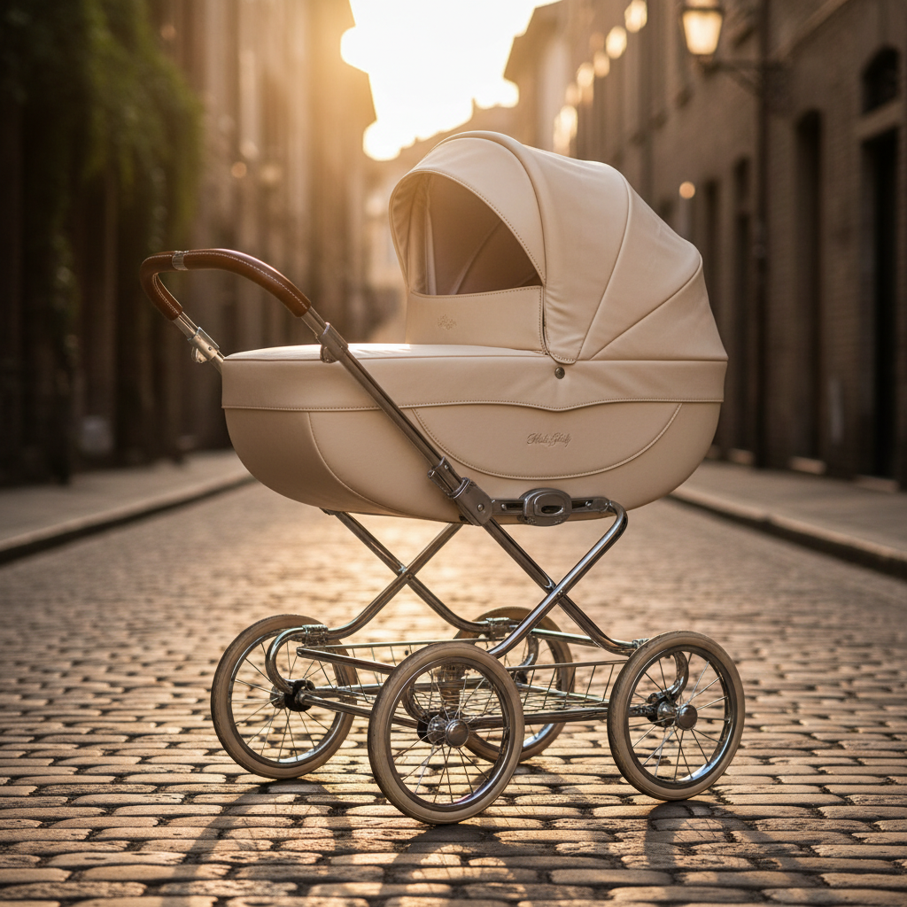 Elegant Italian-made cream leather pram on cobblestone street in golden afternoon light