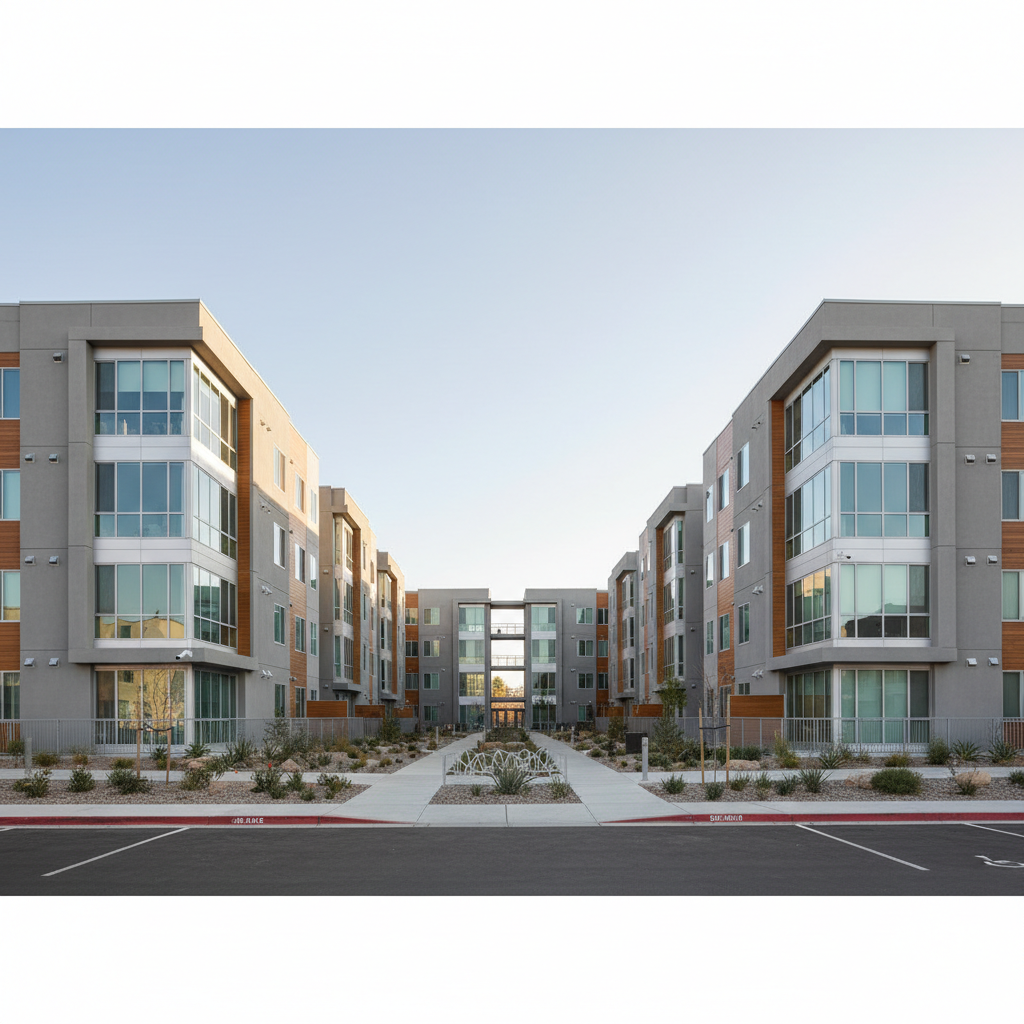 Modern apartment complex exterior with well-lit common areas and amenity spaces, bright airy residential environment
