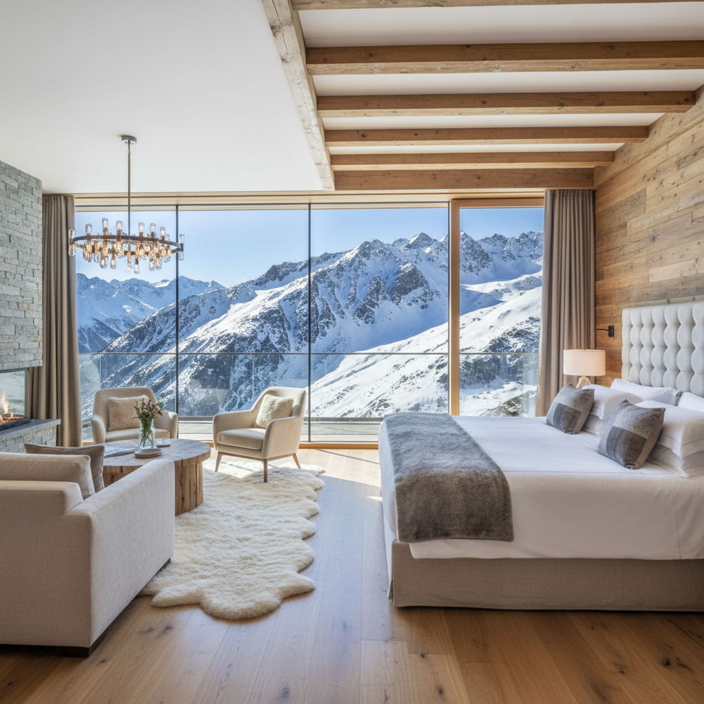 Luxurious train suite with panoramic windows overlooking snow-capped mountains