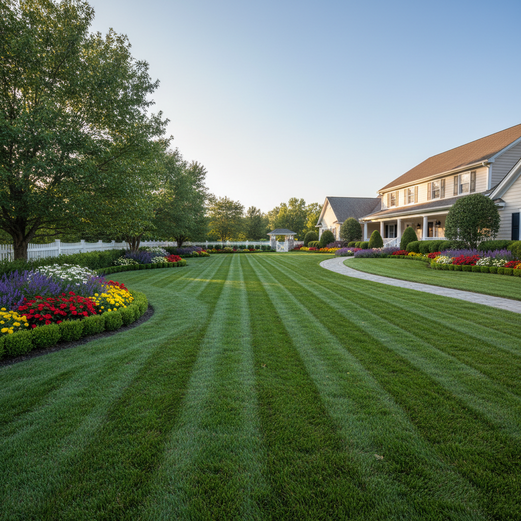 Beautiful landscaped front yard with flower beds and trimmed shrubs