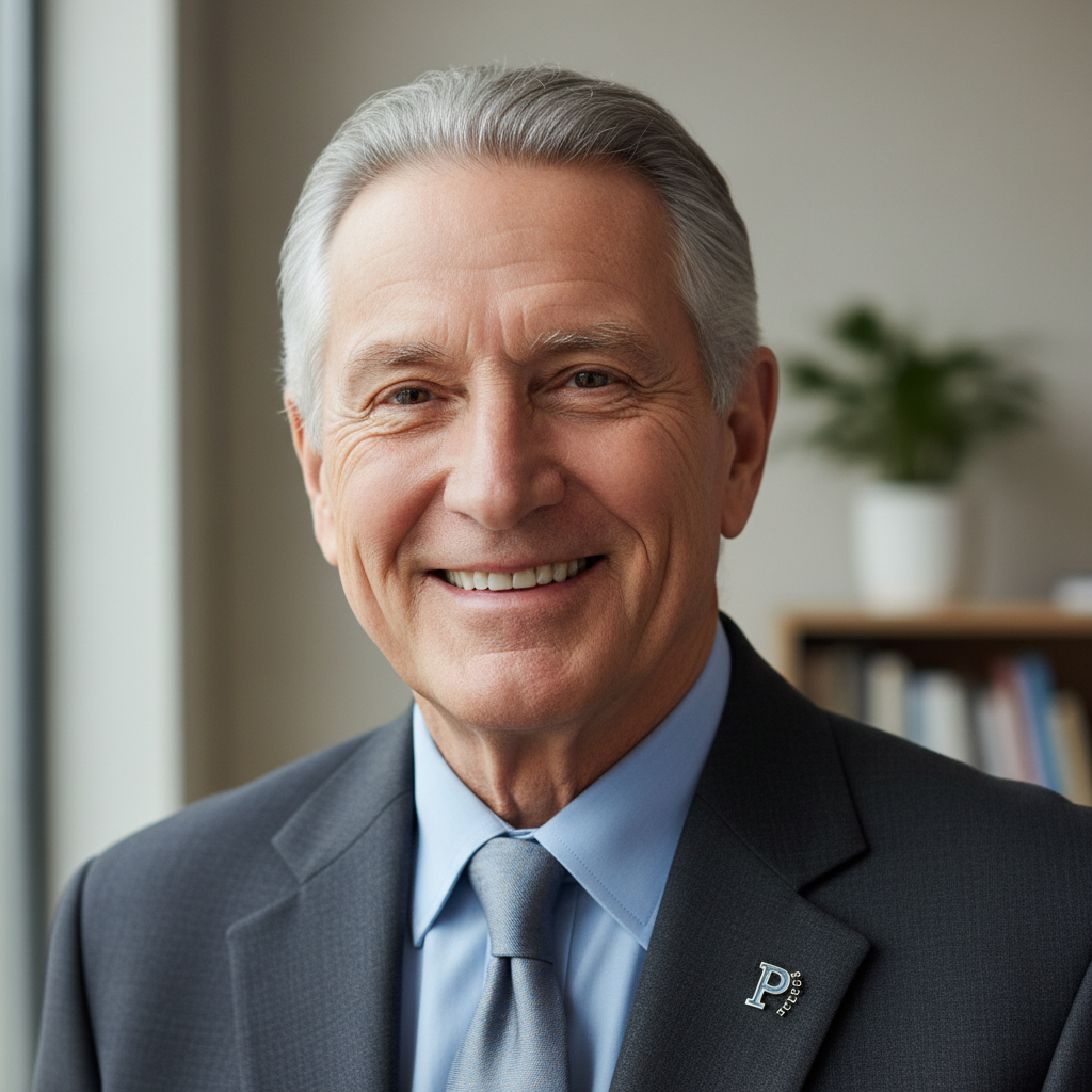 Senior professional male mentor in formal business attire, neutral studio background, authoritative portrait