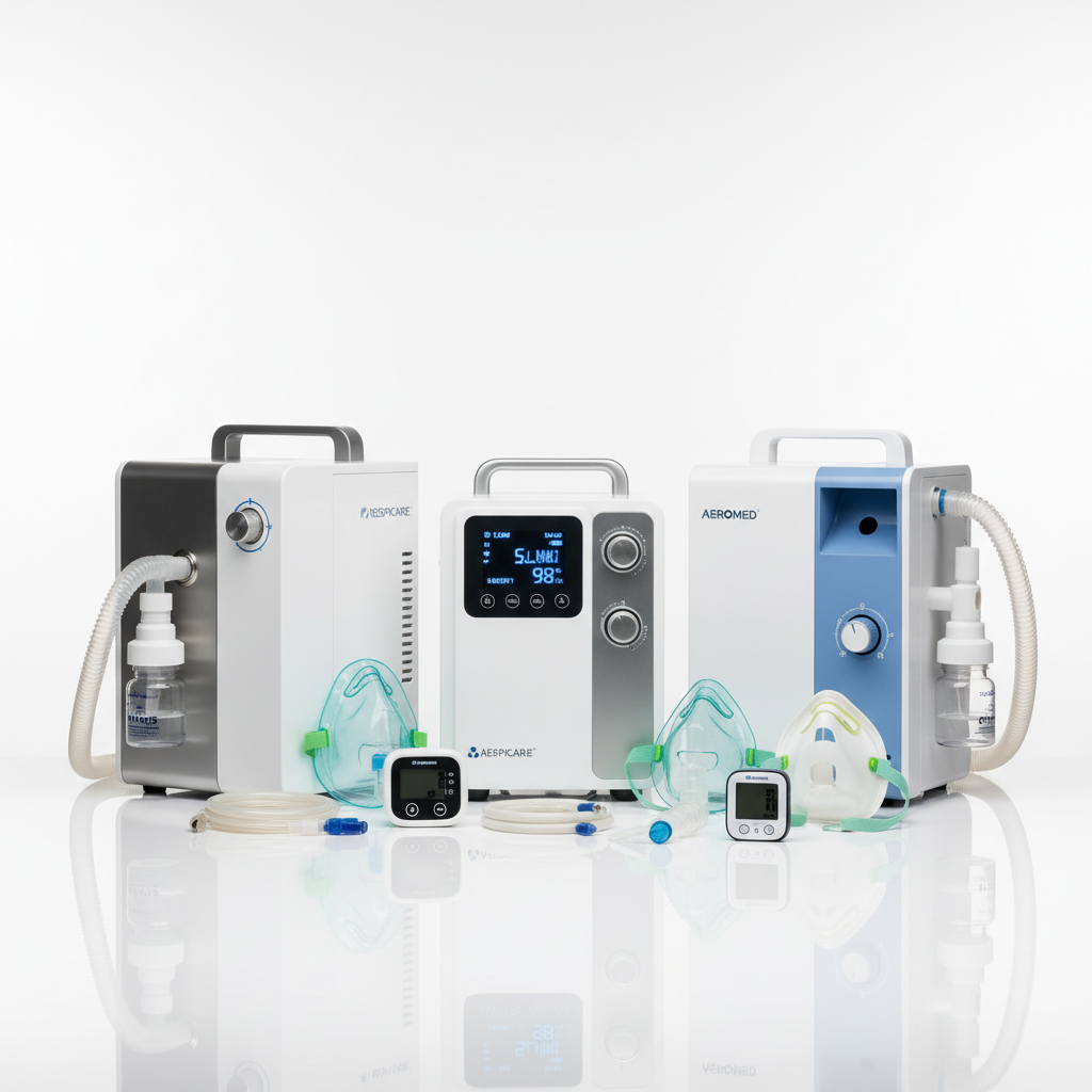 Oxygen therapy equipment — concentrator and masks in dim atmospheric clinical setting with deep blue lighting