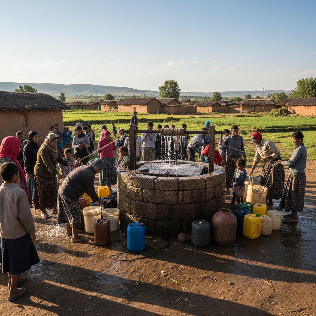 African women collecting clean water from modern solar-powered well pump in rural village setting with children nearby