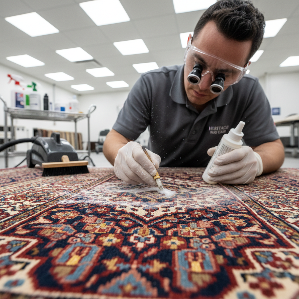 Professional carpet cleaning with steam equipment on traditional patterned rug