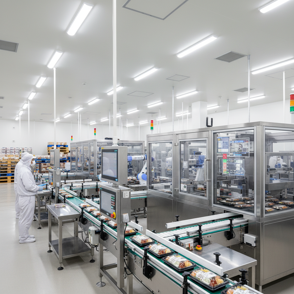 Food processing facility with automated packaging line and hygiene-controlled production area