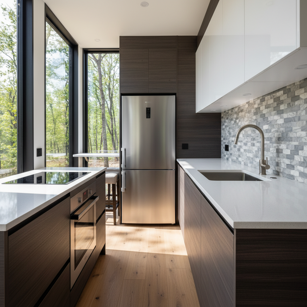 Minimalist kitchen with brass fixtures, white oak cabinetry, stone countertops, deep forest view through large windows, dim warm lighting