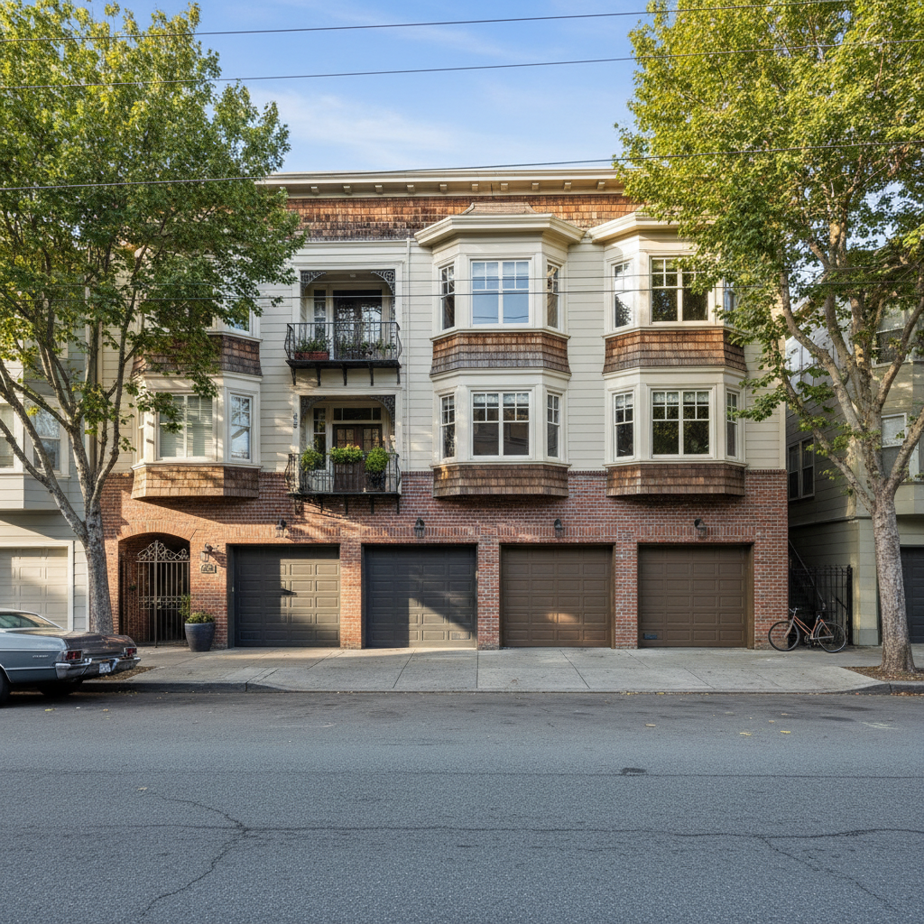 Multi-unit residential building with multiple garage doors in San Francisco Richmond District