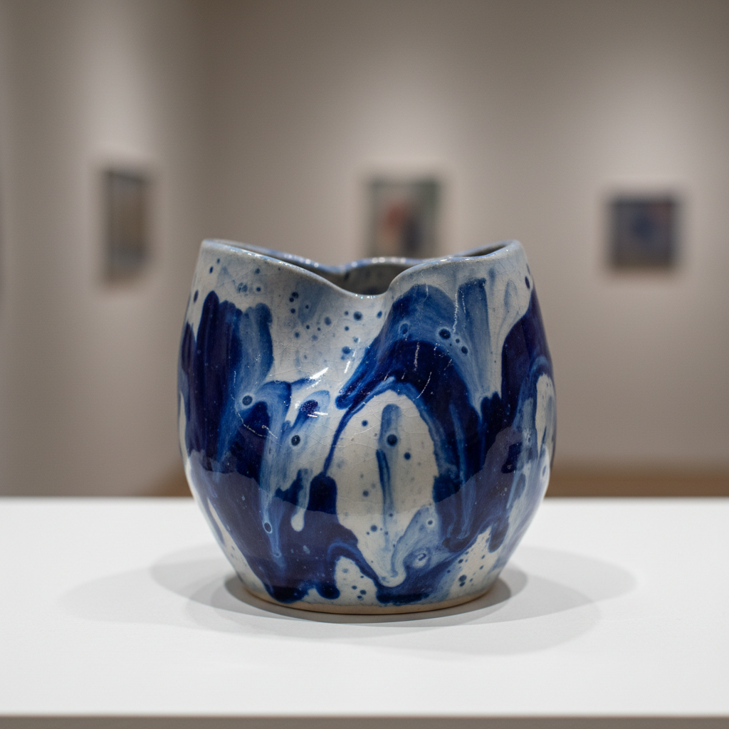 Ceramic pinch pot with blue and white glaze finish displayed on white shelf in gallery style