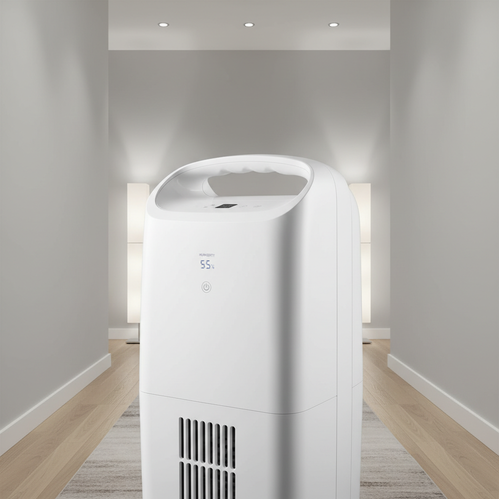 Compact white dehumidifier unit with digital display on a wooden floor