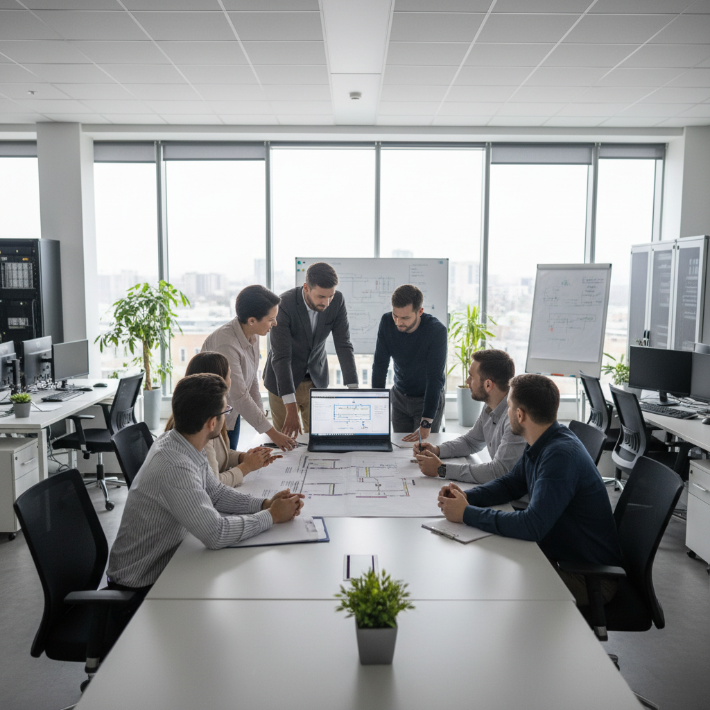 Echipa GlobalLinknet în birou modern, discutând proiecte IT