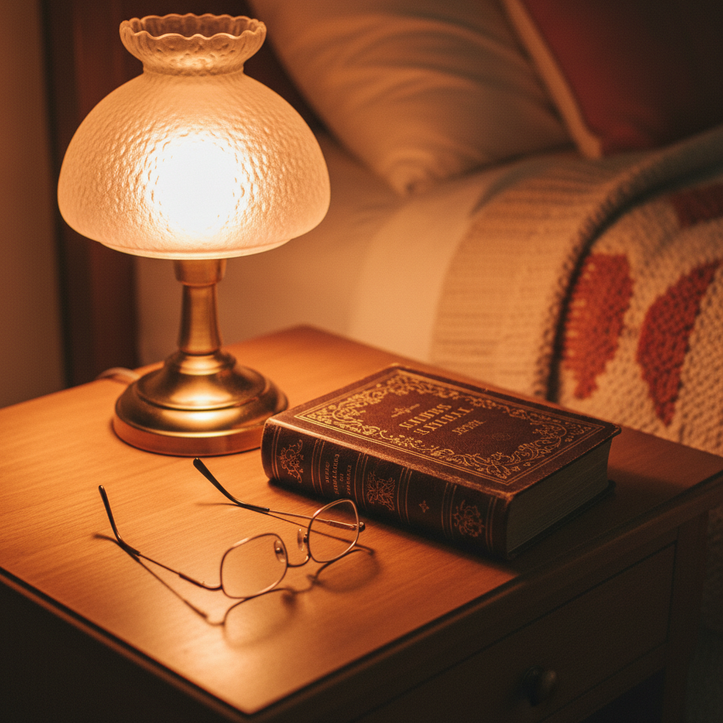 Warm amber reading lamp at dusk