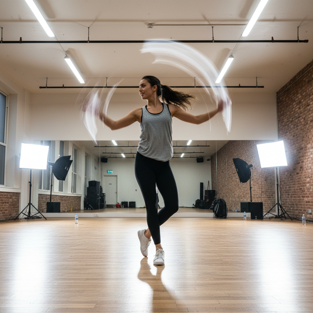 Dancer mid-spin in colorful studio with vibrant neon lighting, dynamic motion blur, energetic atmosphere