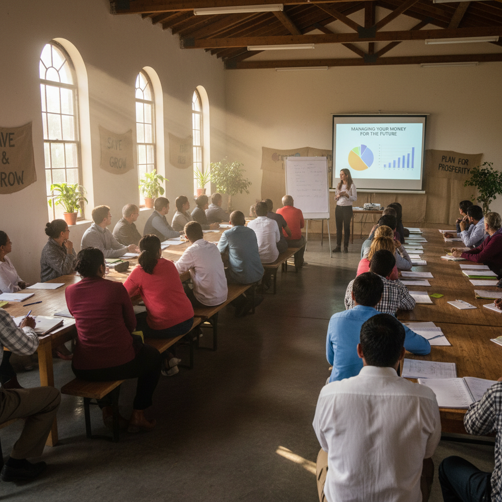 Taller de educación financiera con numerosos participantes de la comunidad rural sentados en salón amplio y bien iluminado