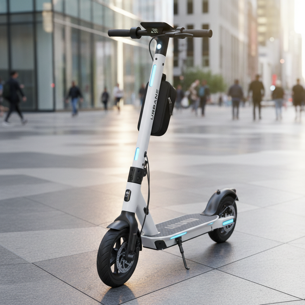 White modern electric scooter on clean city sidewalk with bright minimalist background