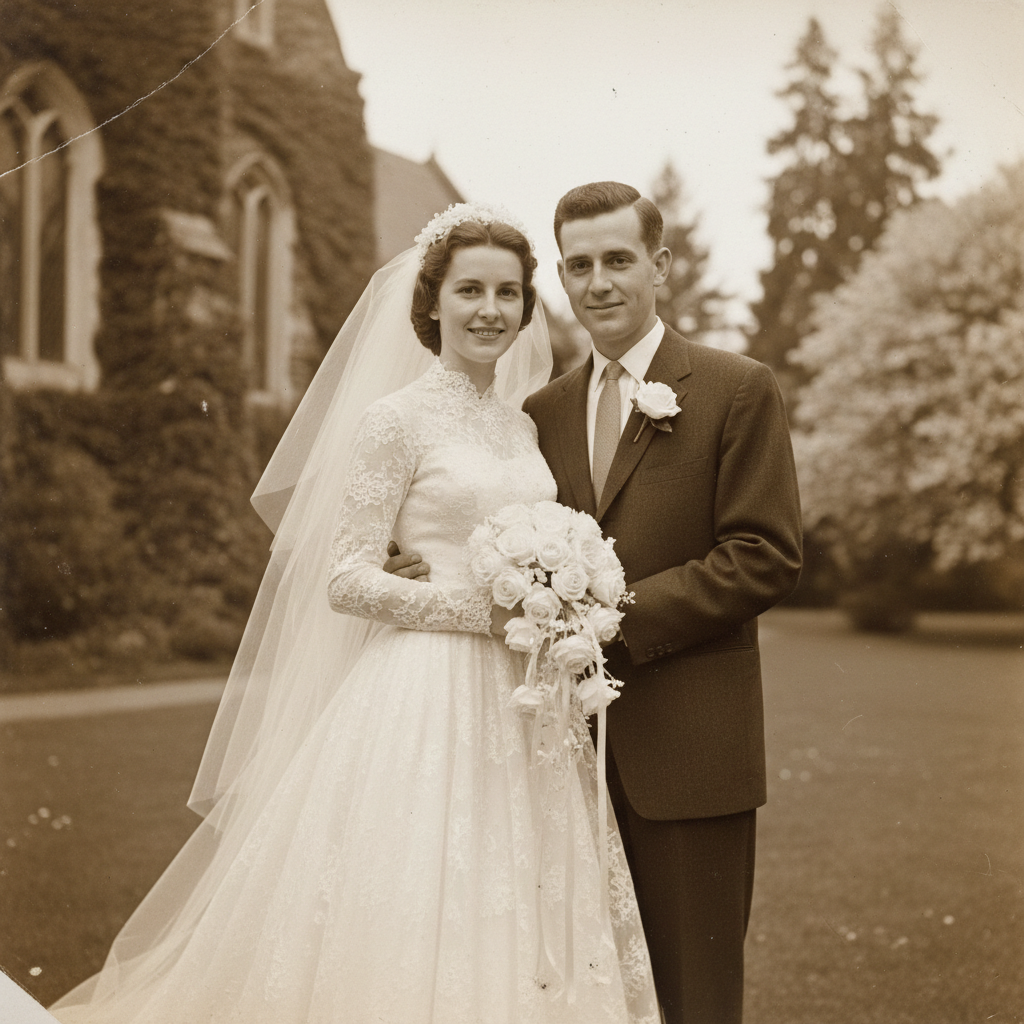 Vintage 1962 wedding photograph showing a bride and groom in soft sepia tones, restored from original print