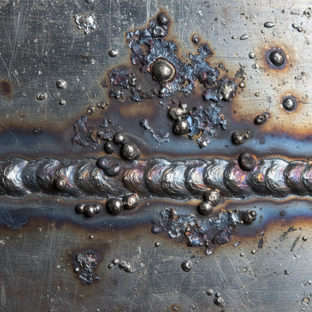 Rough as-welded stainless steel surface with visible mill scale and weld spatter