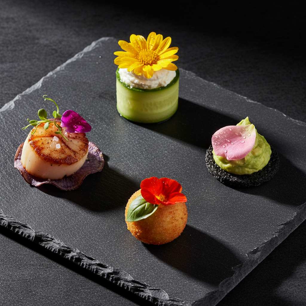 Exquisitely plated amuse-bouche with edible flowers and gold leaf on black slate in dim studio lighting