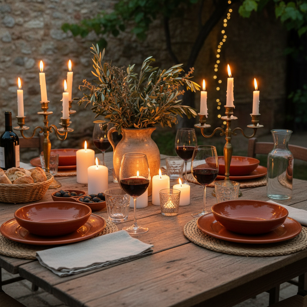 Tavola imbandita con piatti della tradizione italiana, vino rosso in calici, candele accese, atmosfera conviviale serale