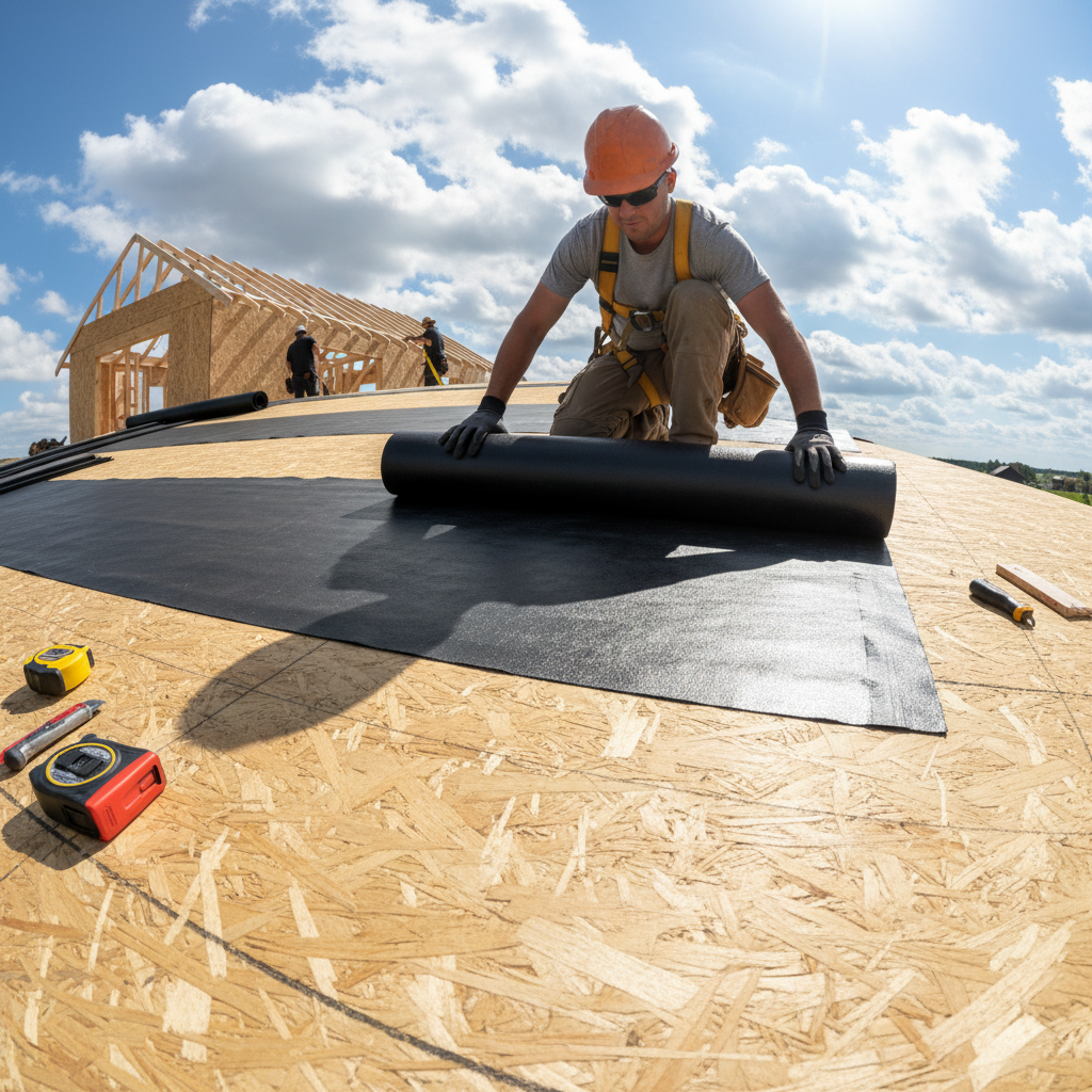 Roofer rolling out synthetic underlayment across a freshly prepared roof deck