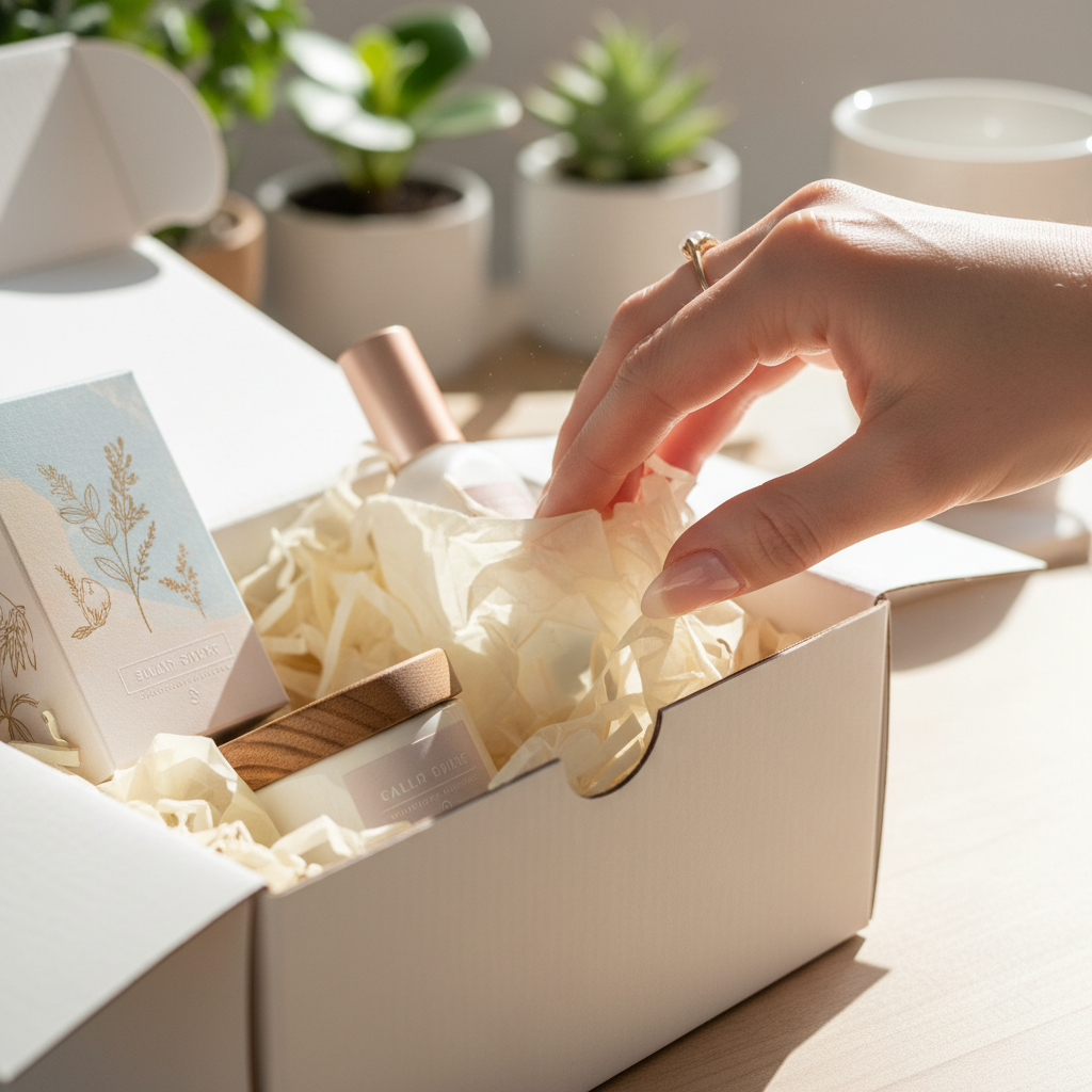 Hand reaching into beauty unboxing, mid-reveal