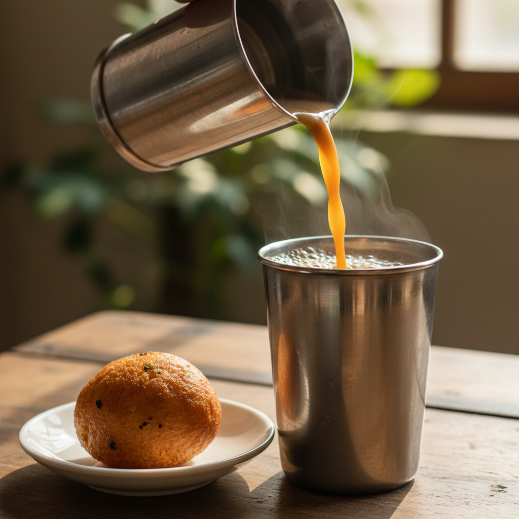 Steel tumbler of South Indian filter coffee with froth