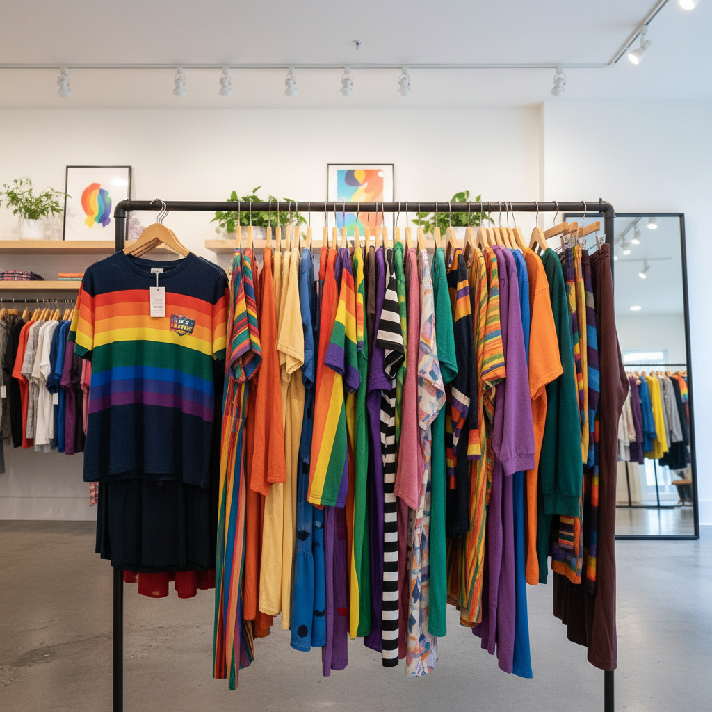 Colorful clothing rack in a boutique shop with pride flag displayed prominently