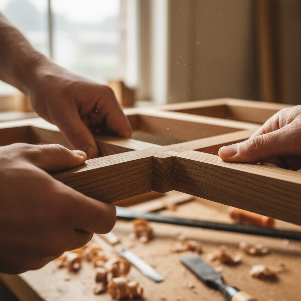 Close-up of wooden lattice frame pieces being assembled in a workshop