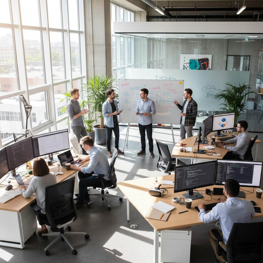 Team of business professionals collaborating on software solutions in a modern office