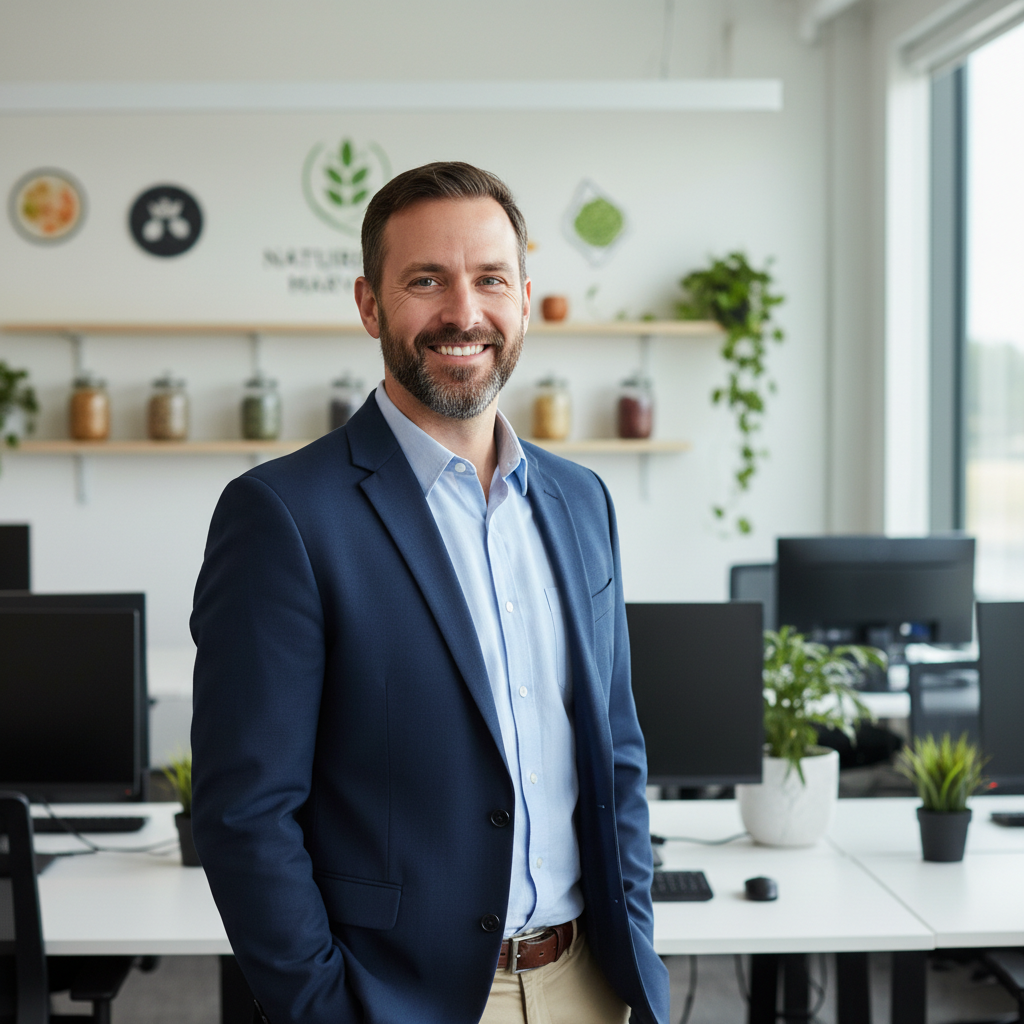 Man in business casual attire, warm smile, office background