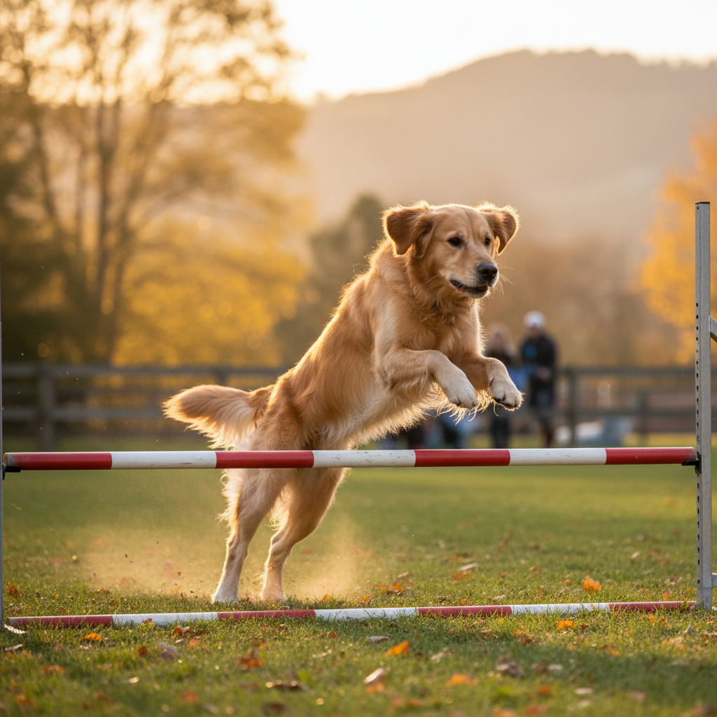Golden retriever clearing a jump bar in afternoon light