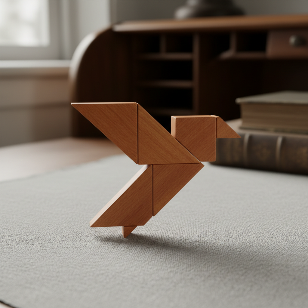 Wooden tangram puzzle pieces arranged in geometric bird shape